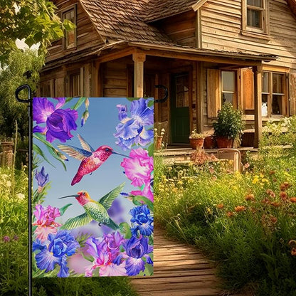 Hummingbirds Garden Flag Double Sided Blue and Red Iris Yard Flag Flowers Floral Birds Leaves Garden Flags Banner for Spring Summer Farmhouse Home Outdoor Decor 12 x 18 Inch
