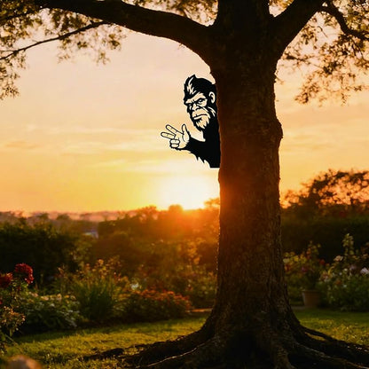 Matte Black Iron Bigfoot Tree Ornament with Pointing Hand Gesture – Outdoor Sasquatch Yard Decor for Tree Trunks, Garden Walls & Woodland Spaces, 15.8 x 10 Inches