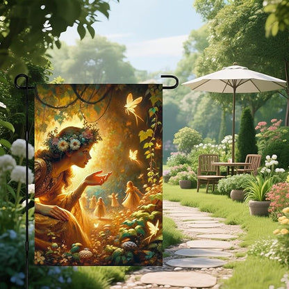 IVN Spring Fairy Garden Flag 12x18 Inch Double Sided Enchanted Forest Flag with Flower Crown Fairy and Glowing Fairies Fantasy Yard Decor for Outdoor Lawn Porch or Seasonal House Decoration