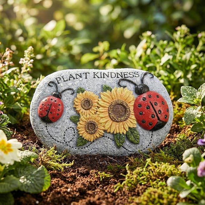 Ladybug Garden Stepping Stones, 4.1"×3.7" Decorative Ladybugs Sunflower Concrete Stepping Stone, Plant Kindness Gardening Gifts for Outside Yard Walkway Pathway Patio Lawn Spring Home Decor