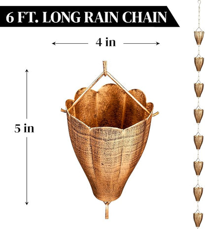 Evergreen Garden Bronze Finish Metal Tulip Rain Chains for Gutters | 8 Ft. Rain Catcher Chain Replacement Downspout | Decorative Rain Chains for Outside Garden Balcony Porch
