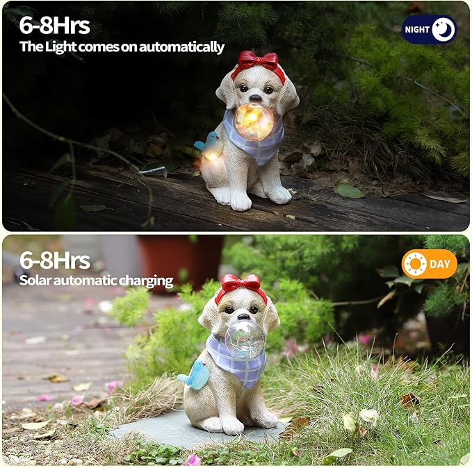 9.4" Solar Dog Garden Statue with Bubble Light, Cute Sitting Puppy Resin Outdoor Decor with Bird Light, Waterproof Solar Powered Animal Statue for Yard, Lawn, Garden