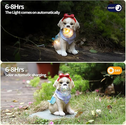 9.4" Solar Dog Garden Statue with Bubble Light, Cute Sitting Puppy Resin Outdoor Decor with Bird Light, Waterproof Solar Powered Animal Statue for Yard, Lawn, Garden