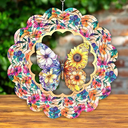 12 Inch 3D Kinetic Wind Spinner for Garden and Yard, Laser-Cut Stainless Steel, Mesmerizing Hanging Decor for Outdoor Patio & Indoor, Butterfly Bloom-10