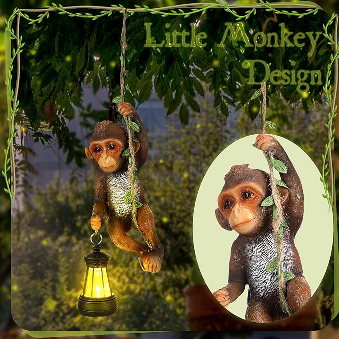 Rossesay Solar Light Outdoor Monkey Statues Brown 7.48 Inch Resin Chimpanzee Baby Monkey Climbing on Vine with LED Lantern Waterproof Hanging Figurine with Hook for Yard Garden Wall
