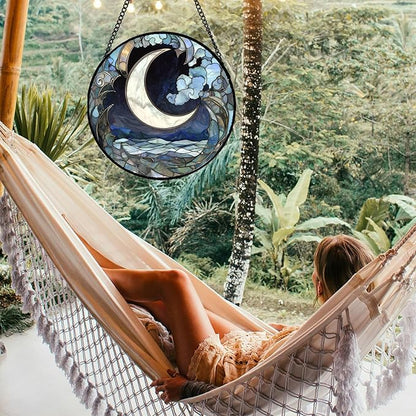 Stained Glass Window Hanging - Abstract Sea of Clouds Moon Sun Catcher for Door Terrace Garden Home Decor, Gray Blue Suncatcher Birthday Gifts for Lovers Women Men Dad Mom Nana 15 in