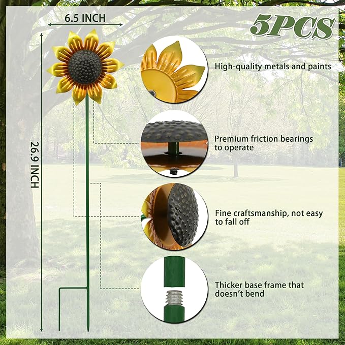 5pcs Sunflowers Yard Wind Spinners Outdoor Decoration Stakes Lawn Ornaments, Lawn Decorations Garden Stakes, Metal Outside Decorations for Metal Yard Art Flower Garden Decor, Sunflower Gift for Women