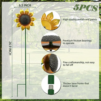 5pcs Sunflowers Yard Wind Spinners Outdoor Decoration Stakes Lawn Ornaments, Lawn Decorations Garden Stakes, Metal Outside Decorations for Metal Yard Art Flower Garden Decor, Sunflower Gift for Women