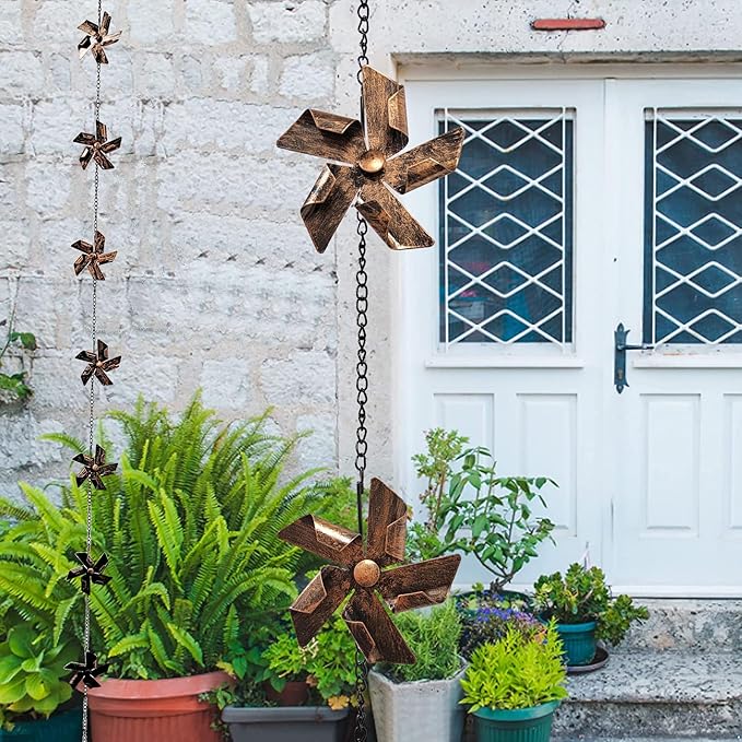 Long Decorative Metal Rain Chain with 8 Windmill Functional Replacement for Gutters Downspouts, Outdoor Garden Rainwater Collector, Easy Installation, Durable Artistic, Adds Curb Appeal to Your Home