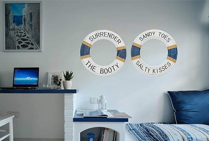 Hand Carved Lifesaver Rings Decor - Surrender the Booty and Sandy Toes, Salty Kisses Design - Nautical Beach Décor - Pool Safety Equipment - Outdoor Sign, Pool and Boat Decoration