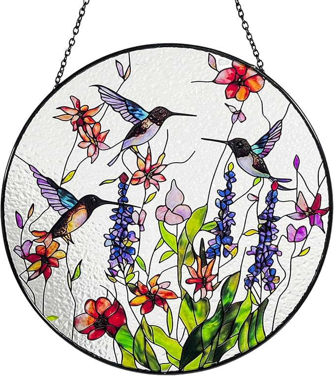Hummingbirds and Wild Flowers Stained Glass Suncatcher, Handmade Window Hanging Wall Art with Chain, Real Glass Indoor Home Decor, Unique Sun Catcher Gift for Women, 7.8”