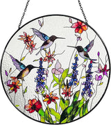Hummingbirds and Wild Flowers Stained Glass Suncatcher, Handmade Window Hanging Wall Art with Chain, Real Glass Indoor Home Decor, Unique Sun Catcher Gift for Women, 7.8”