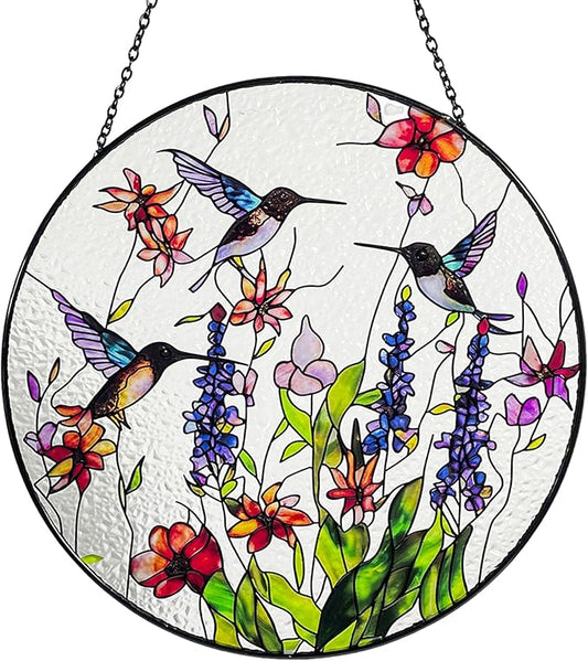 Hummingbirds and Wild Flowers Stained Glass Suncatcher, Handmade Window Hanging Wall Art with Chain, Real Glass Indoor Home Decor, Unique Sun Catcher Gift for Women, 7.8”