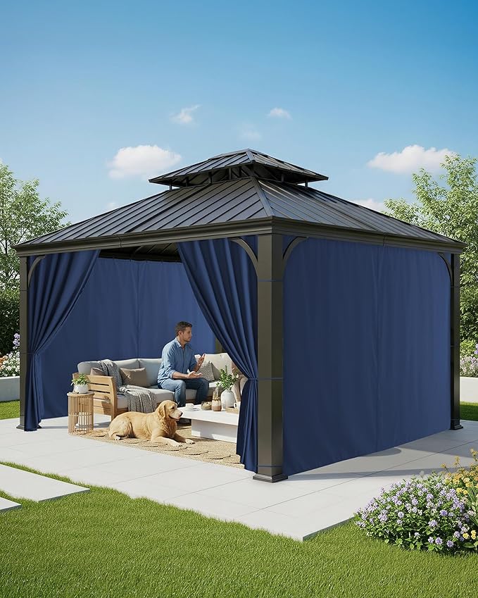 Gazebo Curtains Outdoor Waterproof - 10'Wx10'Lx7'H Weatherproof Patio Pergola Outside Curtains, Gazebo Universal Replacement Privacy Curtains, 4 Panels Sidewall Drapes with Zipper, Navy