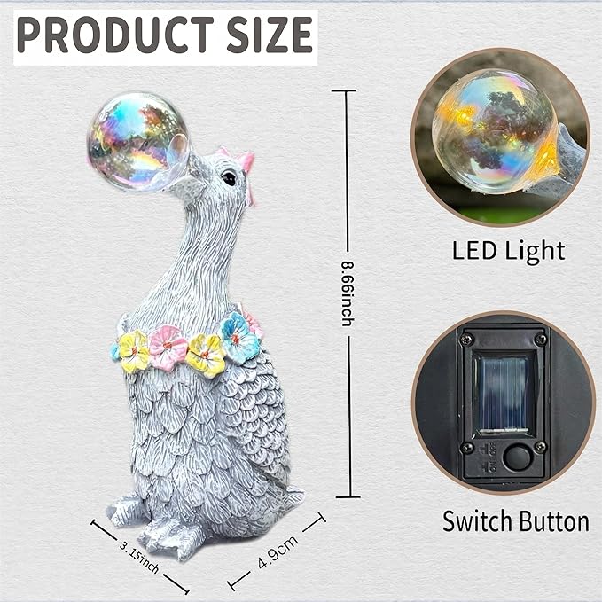 Solar Garden Duck Statue with LED Lights, Waterproof Outdoor Decor for Patio Lawn Yard, Cute Resin Duck Ornament with Unique Bubble Design, Ideal Gift for Women Mom-Gary
