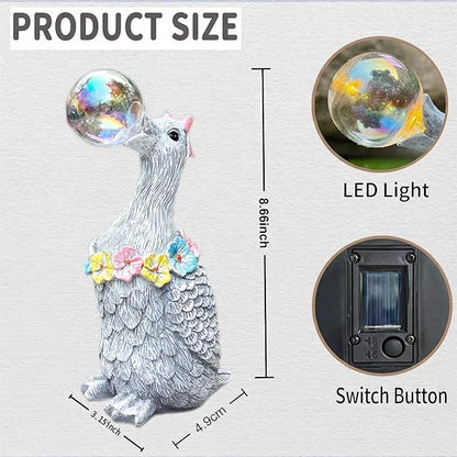 Solar Garden Duck Statue with LED Lights, Waterproof Outdoor Decor for Patio Lawn Yard, Cute Resin Duck Ornament with Unique Bubble Design, Ideal Gift for Women Mom-Gary
