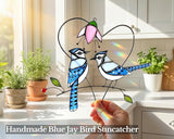 Blue Jay (1 Pair) Stained Glass Birds Suncatcher for Mom, Grandma, Women - Real Glass Window Hanging Ornament - Handmade Bird Lover Home Decor (Gifts Ready Packaging)