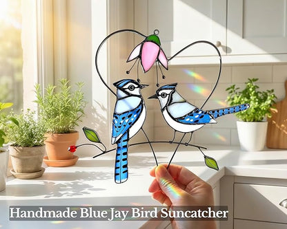 Blue Jay (1 Pair) Stained Glass Birds Suncatcher for Mom, Grandma, Women - Real Glass Window Hanging Ornament - Handmade Bird Lover Home Decor (Gifts Ready Packaging)