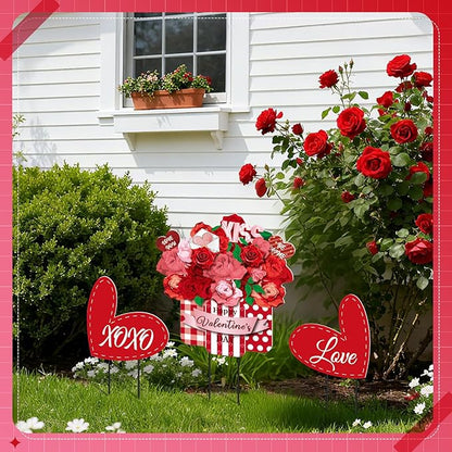 3 Pcs Valentines Metal Yard Signs and Hanging Wall Sign, Outdoor Valentines Metal Yard Stakes Heart Welcome Sign for Indoor Front Door Lawn Walkway Anniversary Wedding Party