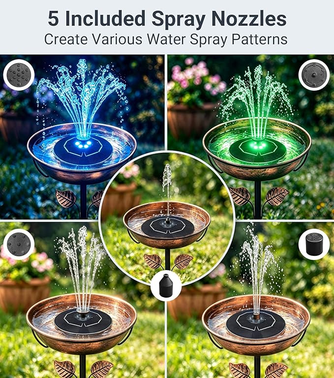 Solar Bird Bath Fountain with LED Lights – 6.3" Floating Solar Fountain Pump with Battery Backup | 9V/2W Powerful Water Spray, 5 Nozzles, for Bird Bath, Pond, Garden & Outdoor Decor