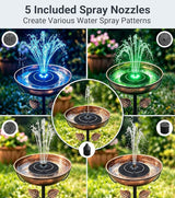 Solar Bird Bath Fountain with LED Lights – 6.3" Floating Solar Fountain Pump with Battery Backup | 9V/2W Powerful Water Spray, 5 Nozzles, for Bird Bath, Pond, Garden & Outdoor Decor