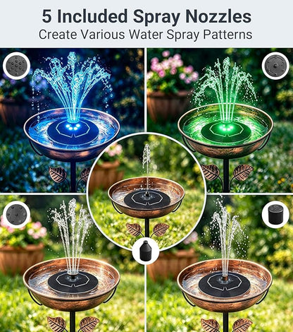 6.3" D Solar Fountain with Battery Backup, 9V/2W Solar Fountain Pump with LED Lights, 5 Nozzles Bird Bath Fountain, Floating Solar Water Fountain for Garden, Pond, Patio