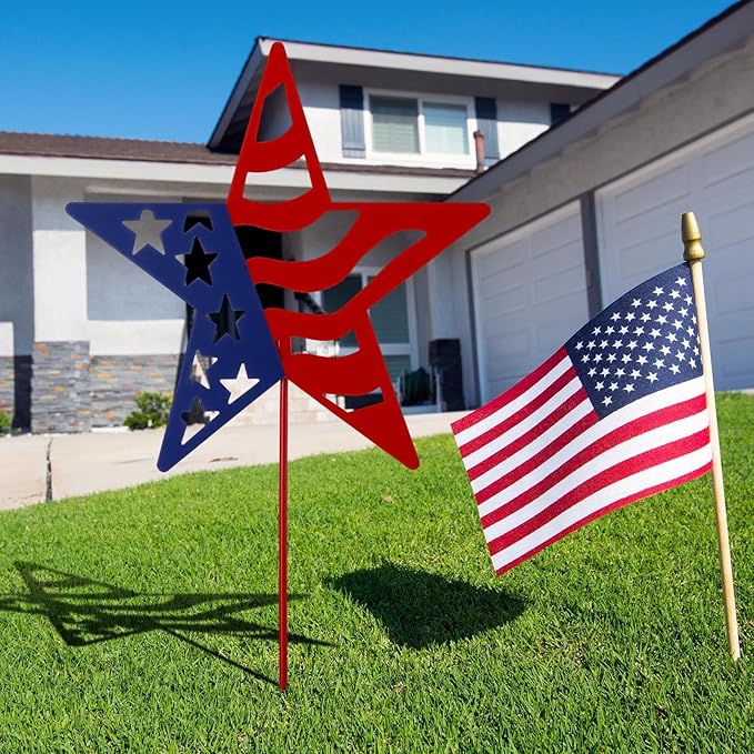 Therwen Patriotic Metal Garden Stakes Star Flag Yard Sign 24'' H Memorial Day Outdoor Decoration 4th of July Lawn Sign 250th Holiday Patriotic Decor for Independence Day Pathway American Outside Decor