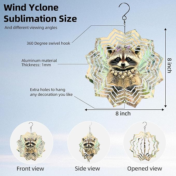 8 Inch Sublimation Wind Spinner, 3D Aluminum Metal Wind Spinner with Hook, Indoor Yard Garden Hanging Decoration, Weather Resistant Rotating Spiral Ornament, Fairy Raccoon