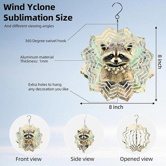 8 Inch Sublimation Wind Spinner, 3D Aluminum Metal Wind Spinner with Hook, Indoor Yard Garden Hanging Decoration, Weather Resistant Rotating Spiral Ornament, Fairy Raccoon