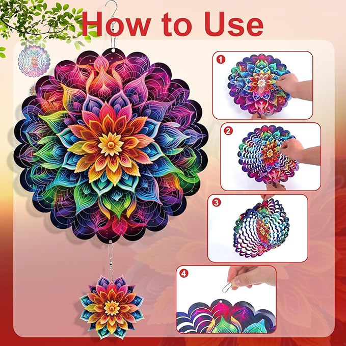 Rngmsi Mandala Wind Spinners Outdoor Garden Decor for Outside, 3D Metal Wind Spinner Hanging Decor Kinetic Art for Yard, 12 Inches Stainless Steel Hanging Mandala Gifts for Women