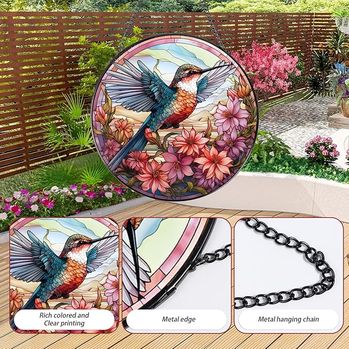 Rngmsi Hummingbird Flower Stained Glass Window Hanging, 7.8″ Sun Catchers with Hook Indoor Window Decor, Decorative Suncatchers Home Garden Art Gift for Bird Lovers Housewarming