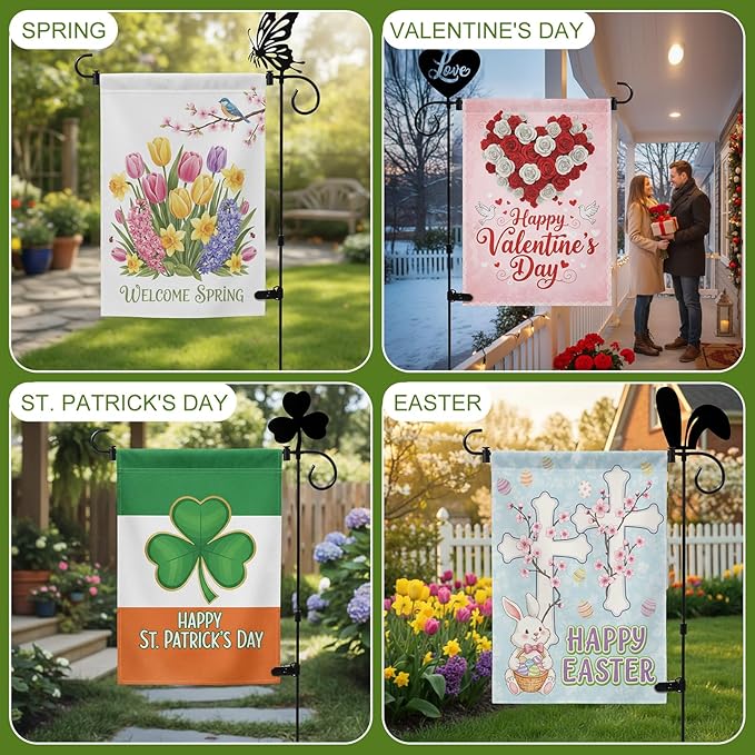 Garden Flag Stand Holder with 12 Interchangeable Seasonal Iron Decorations Yard Flag Holder Weather Proof Metal Powder Coated Flagpole with Clip Spring Stopper for Outdoor Garden Decor