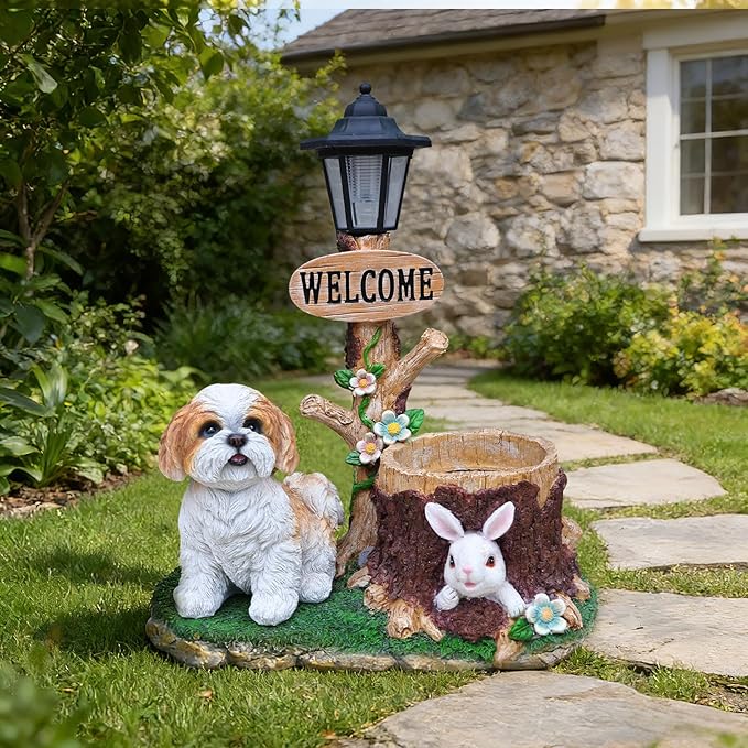 Solar Garden Statue with Planter & Solar Lantern, Outdoor Resin Animal Sculpture, Waterproof Yard Lawn Decor Pot for Succulents, Front Porch Ornament Housewarming Gift(Shih Tzu)
