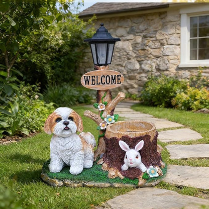 Solar Garden Statue with Planter & Solar Lantern, Outdoor Resin Animal Sculpture, Waterproof Yard Lawn Decor Pot for Succulents, Front Porch Ornament Housewarming Gift(Shih Tzu)