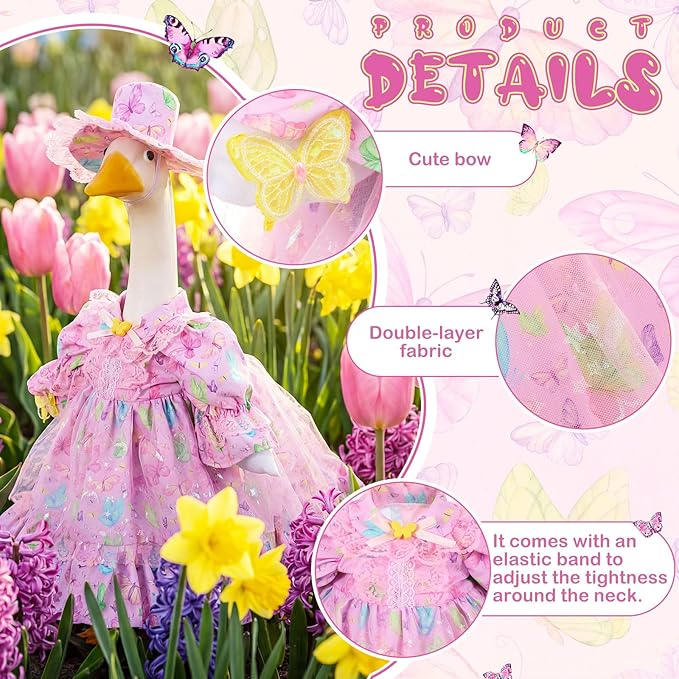 FuWeave Spring Goose Outfit Fancy Dress Butterfly Porch Goose Clothes for 23" Large Statue Outdoor Patio Yard Lawn Art Decoration
