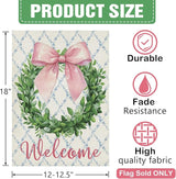 Dyrenson Welcome Pink Bow Wreath Decorative Garden Flag, Coquette Ribbon Eucalyptus Leaves Yard Outside Home Decoration, Botanical Floral Burlap Outdoor Small Decor Double Sided 12 x 18