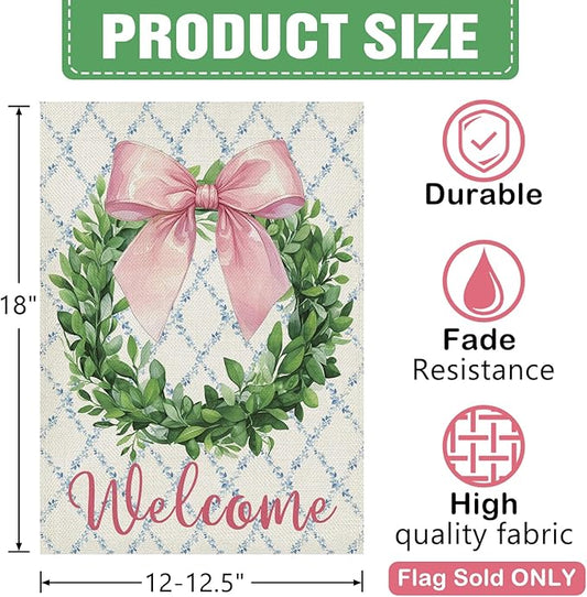 Dyrenson Welcome Pink Bow Wreath Decorative Garden Flag, Coquette Ribbon Eucalyptus Leaves Yard Outside Home Decoration, Botanical Floral Burlap Outdoor Small Decor Double Sided 12 x 18