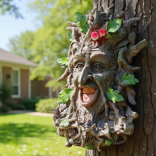 12" Real Tree Face Hugger Statue, Outdoor Garden Resin Bird Feeder Sculpture with Foliage Features, Fairy Elve Accent Yard Art, Halloween Trees Decorations Outdoor Wall Mounted Statue