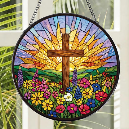 Rngmsi Christian Glass Window Hanging, 8 Inch Sun Catcher Cross Religious Gift for Housewarming, Decorative Suncatchers Gifts for Women Men Wall Art Home Decor