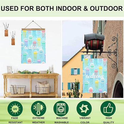 Mugod Jellyfish House Flag 28x40 Inch Double Sided Outside, Welcome Summer Sea Ocean Party Holiday Burlap Yard Garden Outdoor Decoration