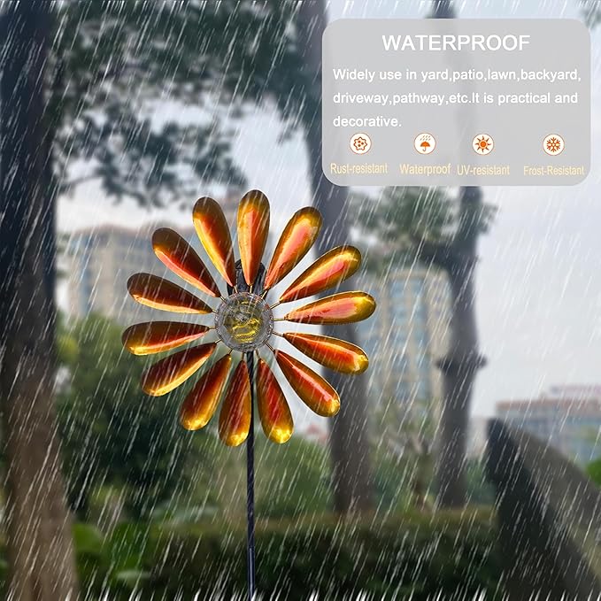 Solar Daisy Garden Wind Spinner, 44.48 Inch, Metal Stake Yard Wind Spinner with Solar-Powered Warm White LED Glass Globes and Dynamic Spinning Windmill for Yard Decor. Orange