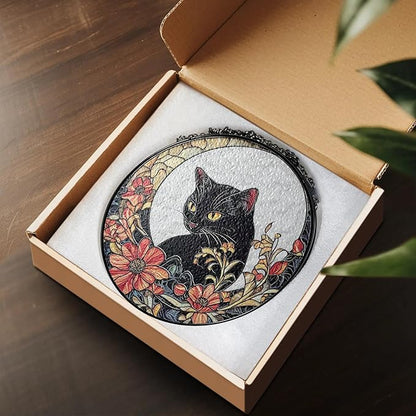 Black Cat Stained Glass Suncatcher, Cat Floral Window Hanging Decor, Memorial Pet Loss Sympathy Ornament, Home Garden Decor, Christmas, Birthday, for Grandma, Friends, Mom, Women