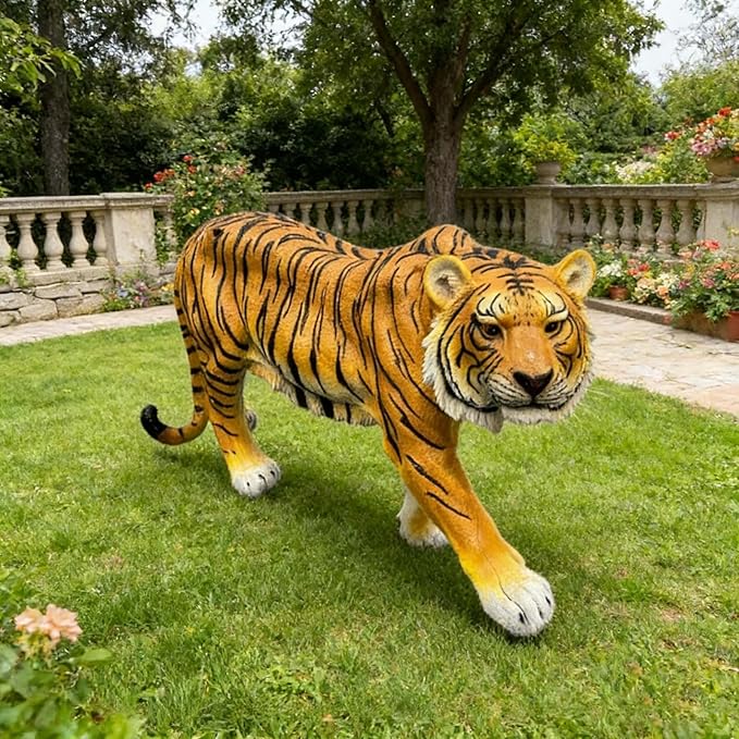 Large Realistic Orange Tiger Garden Statue - 33.46" L x 15.75" H Resin Wildlife Sculpture - Lifelike Animal Figurine Decor for Patio, Lawn, Yard, and Safari Themed Outdoor Spaces