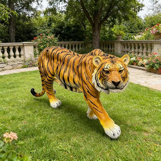 Large Realistic Orange Tiger Garden Statue - 33.46" L x 15.75" H Resin Wildlife Sculpture - Lifelike Animal Figurine Decor for Patio, Lawn, Yard, and Safari Themed Outdoor Spaces