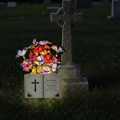 Solar Bible Cross Memorial Stake - Metal Silhouette Religious Grave Decoration for Cemetery - Flat Christian Cross Stake with Butterfly Lights - Cemetery Flower Decor for Grave, Sympathy Gift