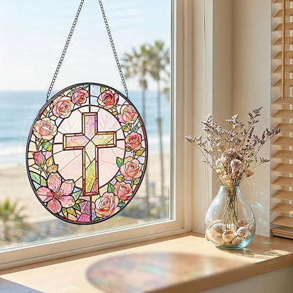 Sun Catcher Cross Stained Glass 7.9 Inch Suncatcher Religious Cross and Roses Suncatchers for Windows Hanging Gifts for Women Cottage Core Apartment Home Decor Christian Gift Religious Gift