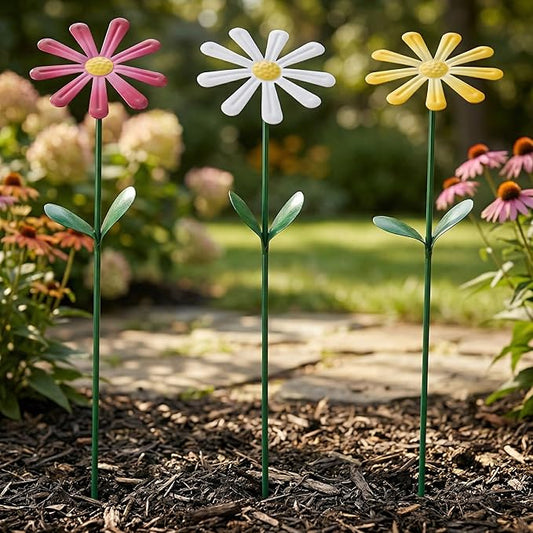 Flower Garden Stake Decor, Outdoor Plant Pick Water Proof Metal Sunflower Daisy Stick for Lawn Yard Patio, Pathway Ornament, Set of 3