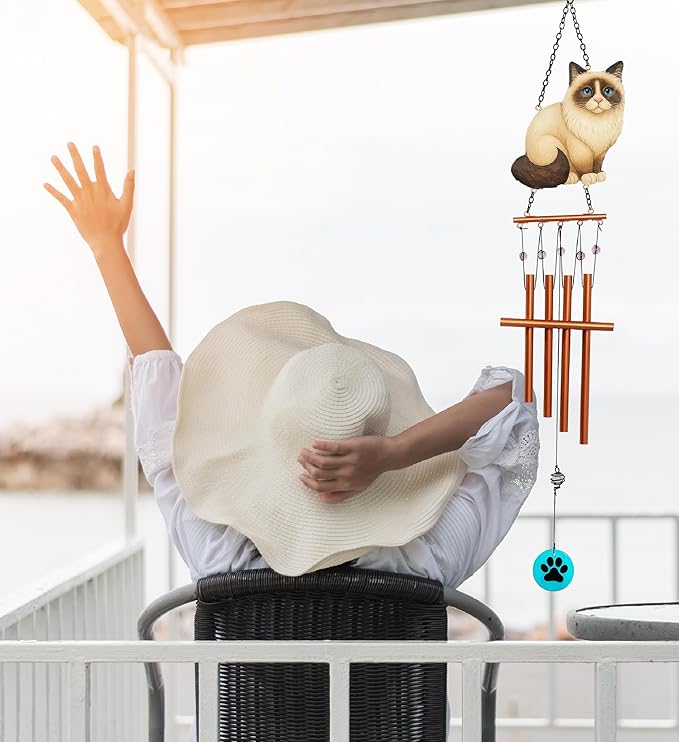 CoTa Global Siamese Cat Wind Chime - Handmade Metal and Glass Hanging Decor, Cream and Brown Cat Garden Ornament with Copper Tubes, Paw Accent, Indoor Outdoor Porch Patio Yard Decoration - 34 Inches
