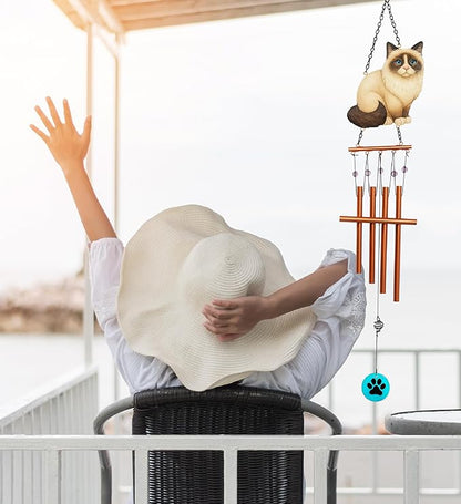 CoTa Global Siamese Cat Wind Chime - Handmade Metal and Glass Hanging Decor, Cream and Brown Cat Garden Ornament with Copper Tubes, Paw Accent, Indoor Outdoor Porch Patio Yard Decoration - 34 Inches