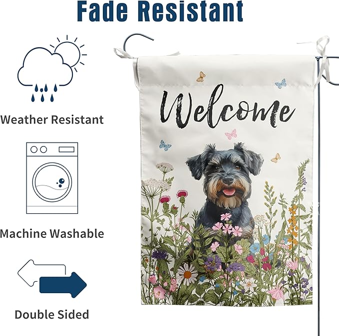 Floral Schnauzer Garden Flag Spring Summer House Flags 28 x 40 Double Sided Flower Dog Yard Flags for Outside Large Outdoor Welcome Flags